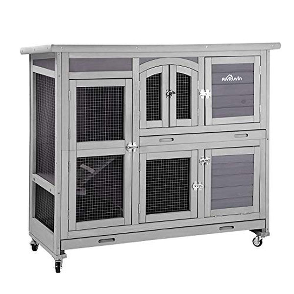 47" Two Story Rabbit Hutch Bunny Cage with Wheels, Indoor Outdoor Guinea Pig Cage with 2 Deep No Leak Tray